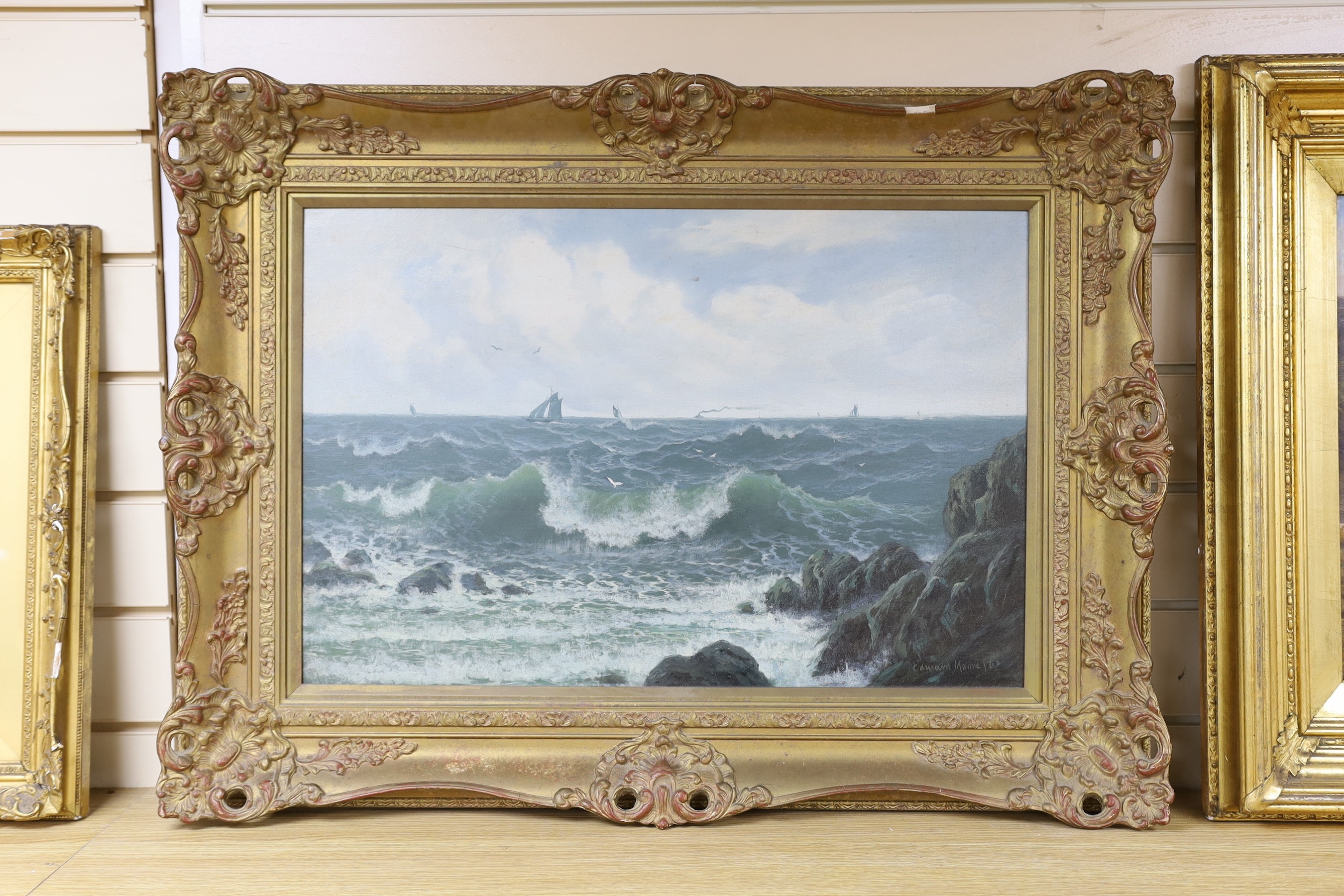 Edward Moore, oil on canvas, Shipping off the coast, signed and dated '86, 40 x 59cm